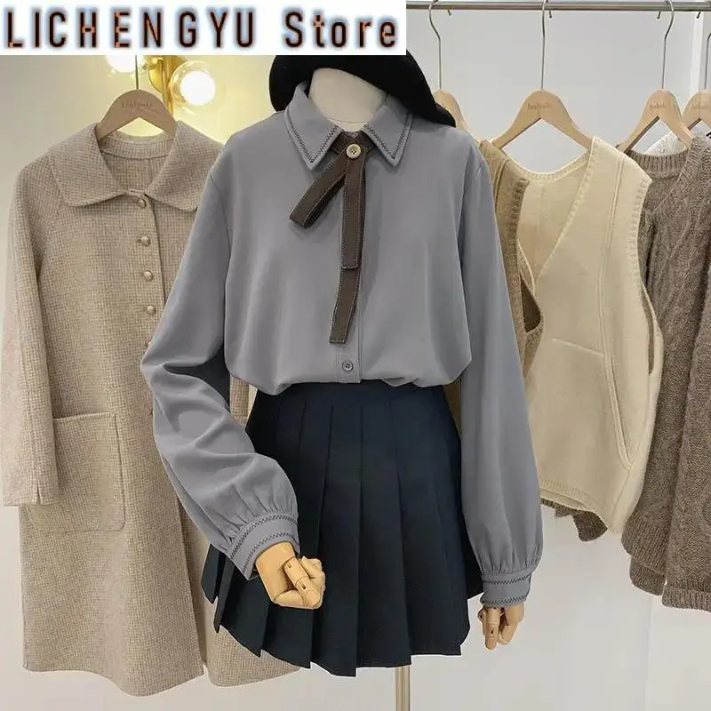 

New Vintage Corduroy Shirts Women Korean Loose Preppy Style Long Sleeve Blouses Sweet Bow Single Breasted Tops Autumn