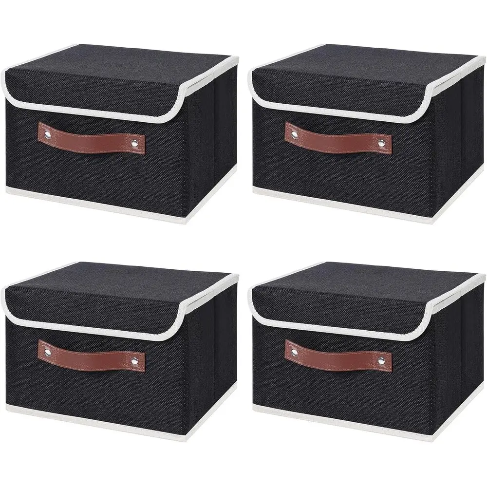 

4PCS Storage Bins with Lid PU Leather Handles Storage Boxes PP Plastic Board Decorative Foldable Lidded Cotton Linen Fabric Home