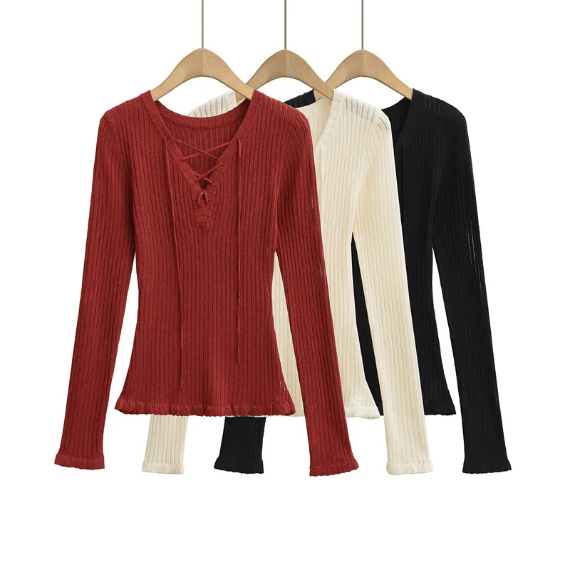 

Сексуальный вязаный свитер с глубоким v-образным вырезом и длинными рукавами, облегающий прозрачный базовый слой, топ для осени, новый стиль, универсальная внутренняя одежда