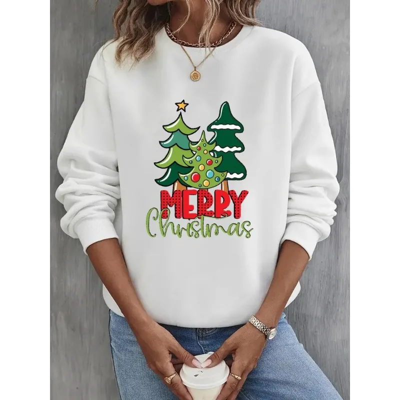 Feminino natal ano novo árvore de natal impresso velo hoodie manga longa casual pulôver streetwear moda moletom