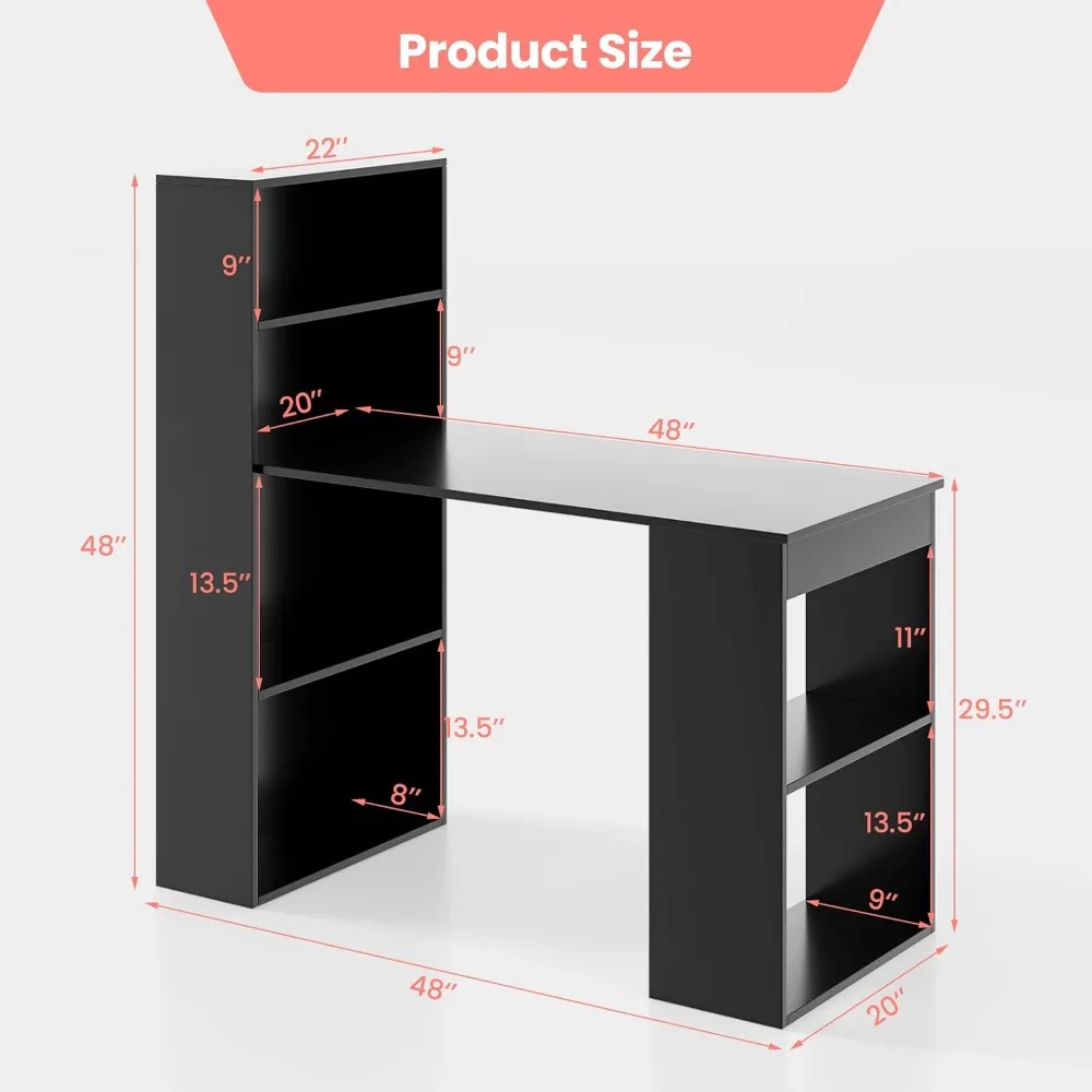 Compact Reversible Computer Desk 48 Inch with Storage Shelves, Bookshelf, and CPU Stand for Study and Writing