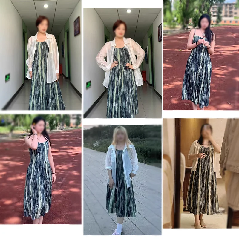 Plus size, gradient gradient vertical stripe autumn camisole dress, women's dress with belly covering and slimming effect 3421