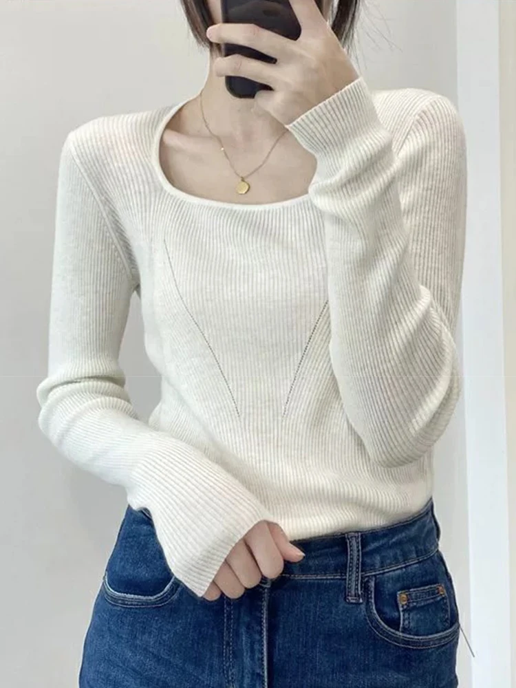 Slim-fit Square Collar Women Sweater Long Sleeve Knitted Pullovers Solid Jumpers Basic Soft Sweaters Women Autumn Winter Tops