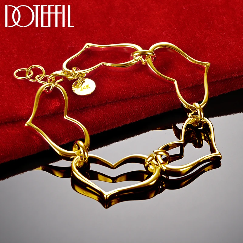 DOTEFFIL 18K Gold 925 Sterling Silver Big Heart-Shaped Bracelet Chain For Women European Charm Wedding Engagement Party Jewelry