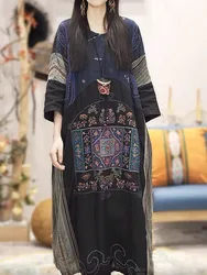 100% linen vintage dress Chinese style loose embroidery robe long dresses fashion plus size spring dress ethnic women clothes