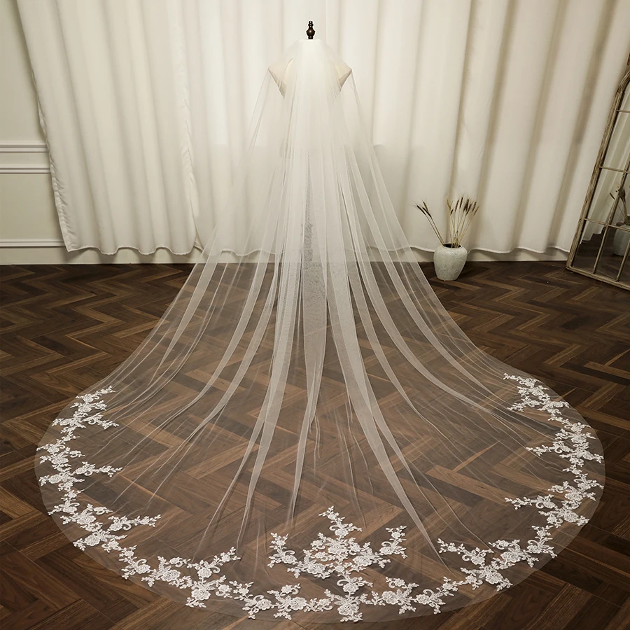 New Pure White Ivory Wedding Veil 3.5 Meter Long Appliqued with Metal Comb Mantilla Cathedral Bridal Veil Veu De Noiva