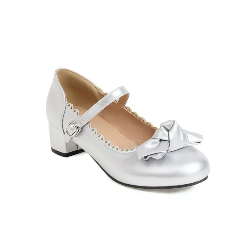 Women Mary Jane Shoes Seven Color Lolita Single Thick High Heels  Bowtie Girls Princess Party Wedding Shoes Big Size 28 50 266