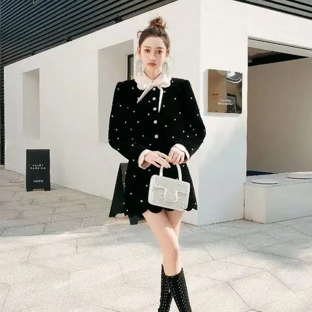 Women Spring Autumn Spring Rhinestones Bowtie crystal Coats High Waist Beaded Jacket Diamond Cardigan + Drilling Skirt 2pcs Suit