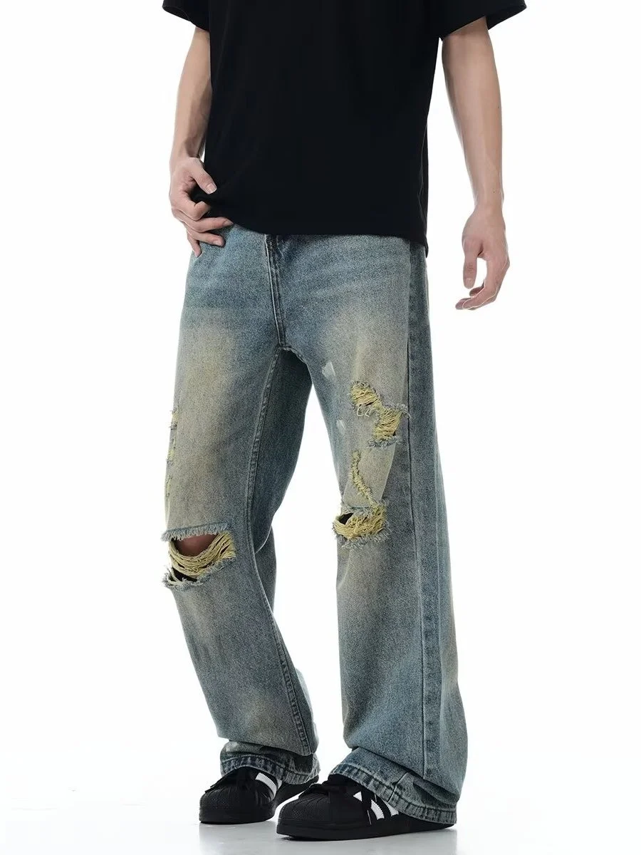 

Retro American Hole Denim Jeans Men Summer Thin Faion Design Loose Straight High Street Vibe Wide Leg Pants Casual Jeans
