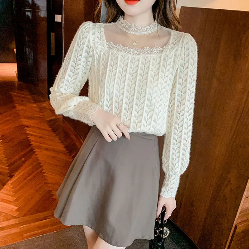 Sexy Gauze Hollow Out Lace Blouse Female Clothing Casual Half High Collar Basic Spring Autumn Stylish Commute Long Sleeve Shirt