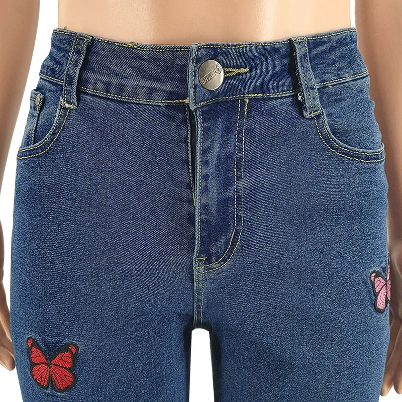 Retro Butterfly Embroidery Fringed Hem Jeans Women's Streetwear Loose High Waisted Straight Wide-leg Denim Trousers