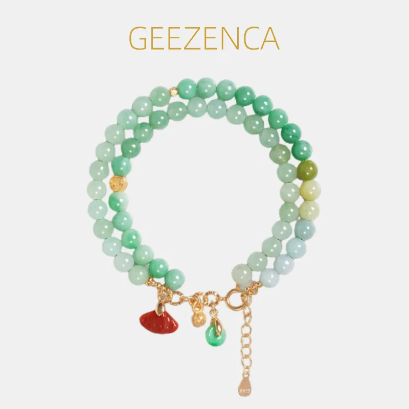 

GEEZENCA Natural Jadeite Agate 925 Silver Double Loops Beaded Bracelet For Women Luxury Vintage Charm Strand Bracelets Love Gift