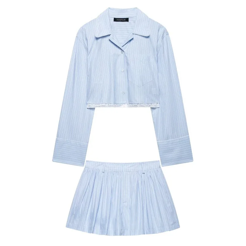 

European and American striped top, short shirt, mid waist casual skirt and pants set