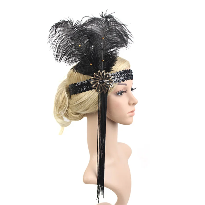 1920s Feather Headband Charleston Costume Great Gatsby Flapper Black Headpiece Elegant Beaded Headband with Tassel