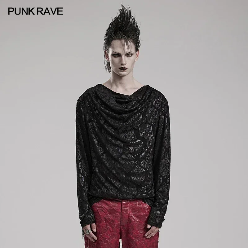 PUNK RAVE Men\'s Gothic Creative Piled Collar Simple T-shirt Dark Daily Wear Suitable Cool Casual Tops Streetwear Mens T Shirts