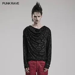 PUNK RAVE Men's Gothic Creative Piled Collar Simple T-shirt Dark Daily Wear Suitable Cool Casual Tops Streetwear Mens T Shirts