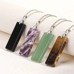 Natural Stone Rectangle Pendants Necklace for Man Pillar Crystal Fluorite Amethyst Tiger Eye Stainless Steel Chain Necklace H225