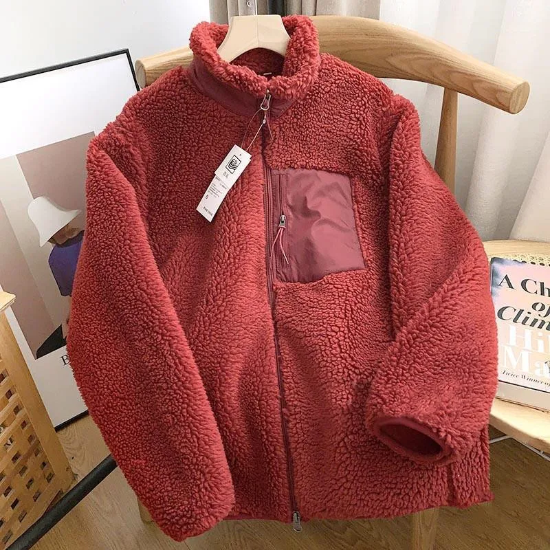 Couple Autumn Winter New Zipper Loose Windproof Pocket Stand Collar Warm Lamb Wool Jacket Outdoor Trekking Running Fleece Coat