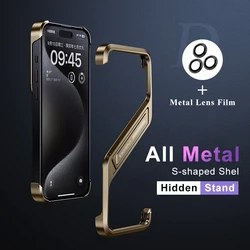 Metalowe geometryczne etui na telefon bez oprawek w kształcie litery S do iPhone'a 14 15 16 Pro Max 16 Pro Max Ukryty uchwyt ze stopu aluminium Funda