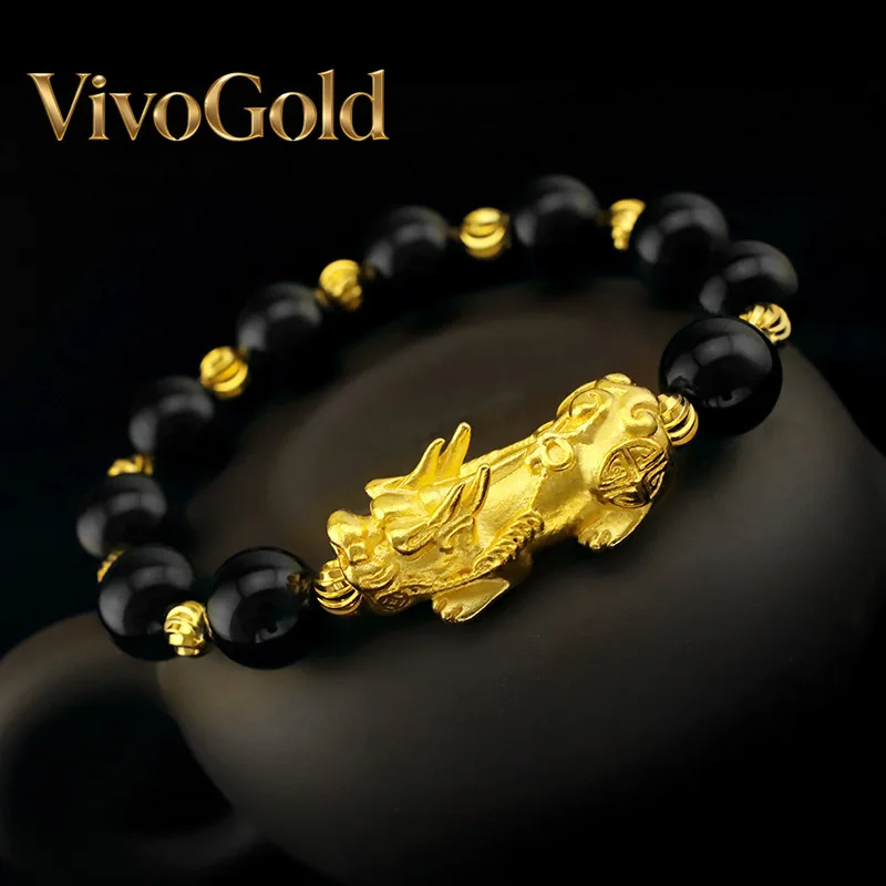 

VivoGoldGold Wealth Attraction Pixiu Bracelet 9999 24K Real Gold Men's and Women's Bracelet Black and Red Agate Bracelet Couple