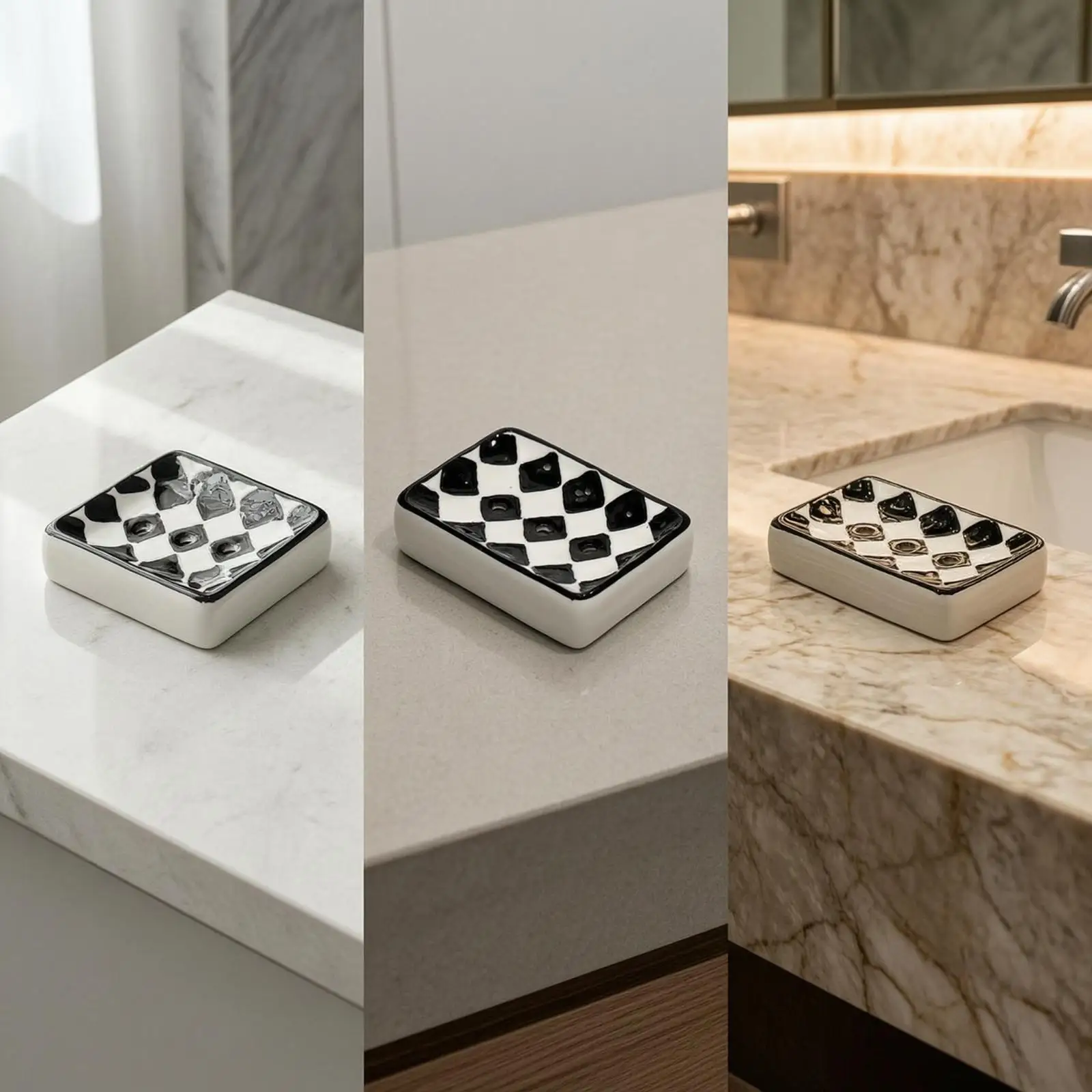 Handcrafted Ceramic Soap Tray for Vanity with Black White Board Design Smooth Glaze Easy Wipe Clean