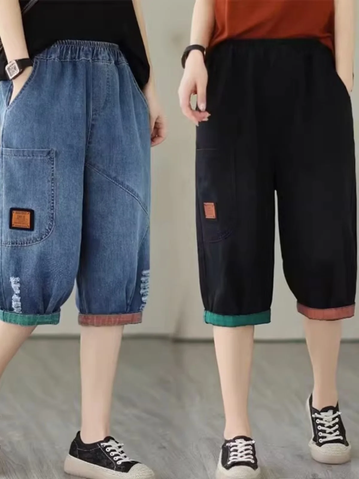 

Летние тонкие повседневные джинсовые джинсы на семь футов, женские маленькие размеры, большие размеры, свободные тонкие брюки Харлан с эластичной резинкой на талии