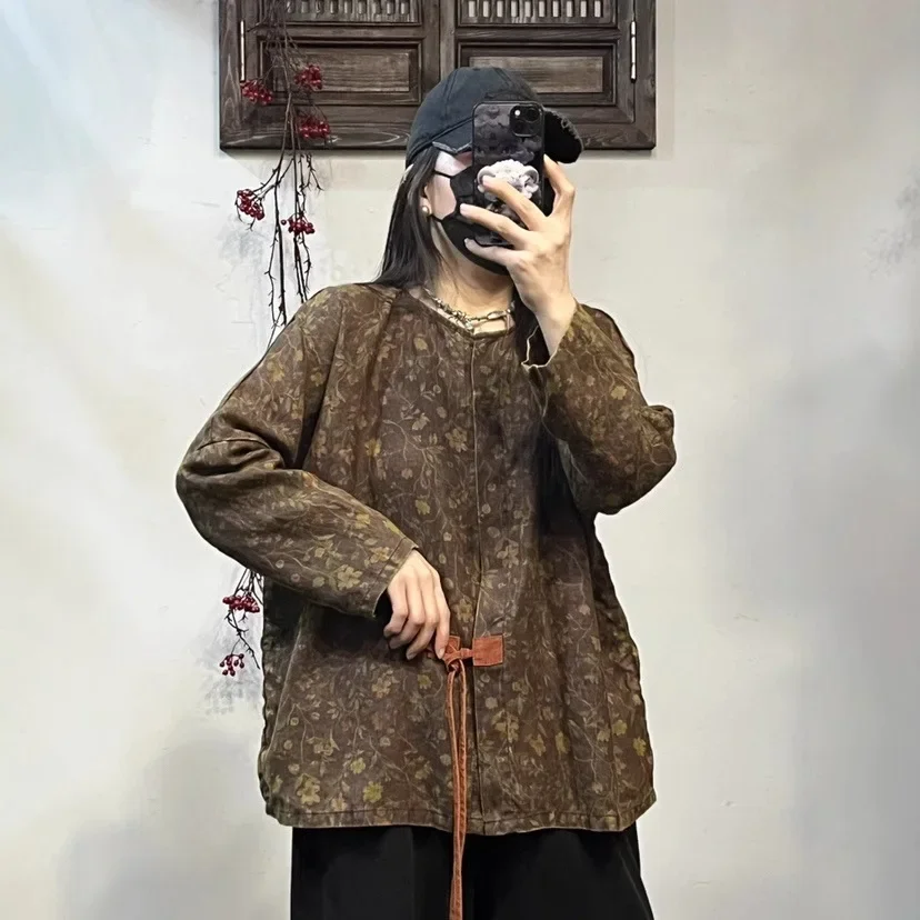 

Digital printed shirt for women, early spring, literary and retro loose ethnic style casual long-sleeved shirt