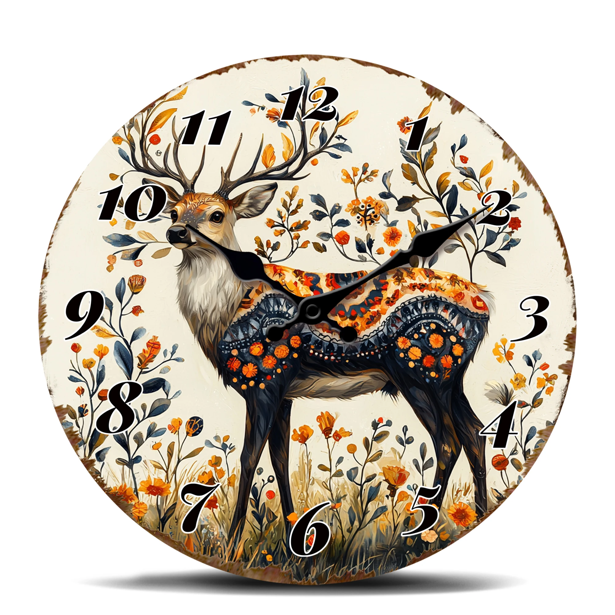 Autumn Deer with Floral Pattern Wall Clock - Vintage Round Silent Decor Watch, Perfect for Nature Lovers and Hunt-themed Decor