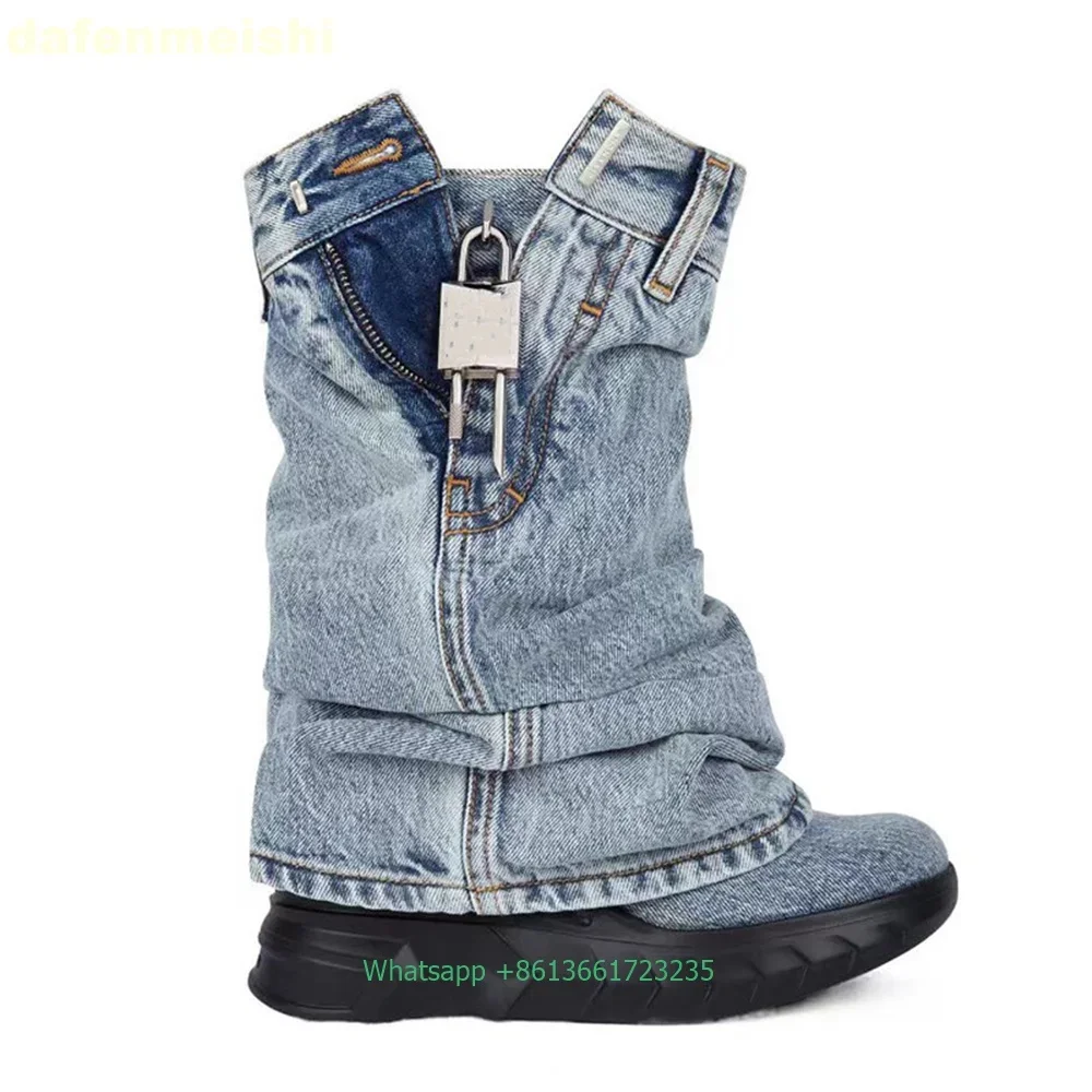 2025 New Thick Bottom Shark Boots Round Toe Wedge Black Denim Metal Lock Mid-Calf Boots Side Zipper Large Size Trouser Boots