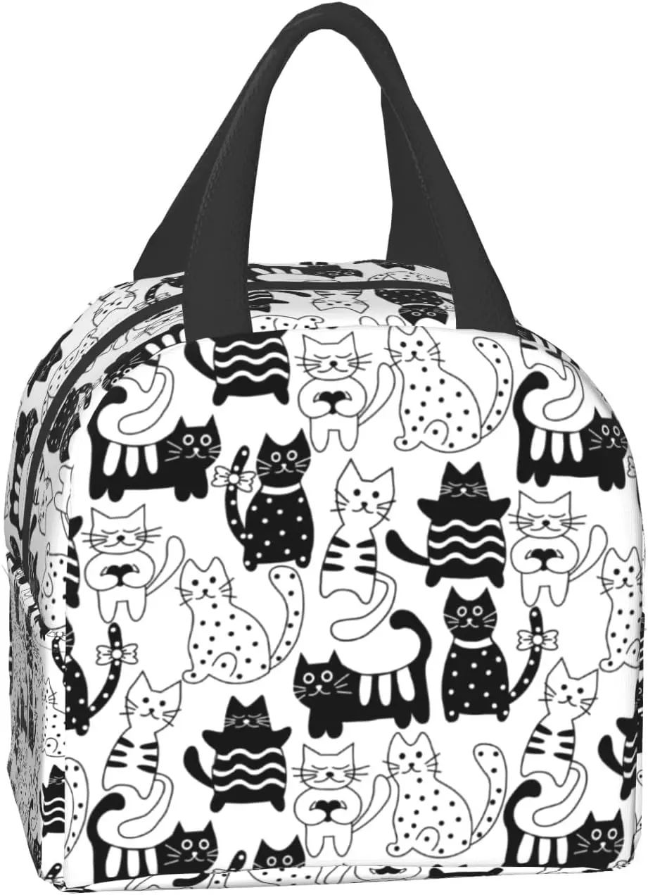 Black Cat Lunch Box Cartoon Kitten Insulated Cooler Lunch Bag Small Tote Lunchbox for Adults Kid Work Picnic Office