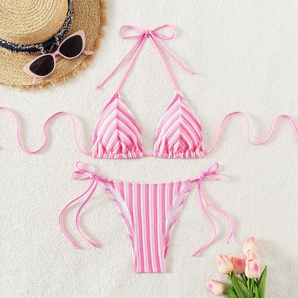 9 couleurs nouvelle serviette tissu licou cou cravate rayé Bikini maillot de bain pour les femmes été plage vacances taille basse maillots de bain 2024