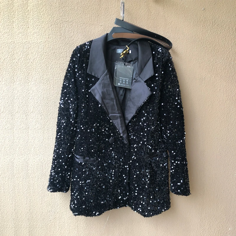 High quality Women Sequins blazer Suit Newest Sexy Long sleeve Female jacket set Club Notched coat Spring Autumn INKEO 1O075