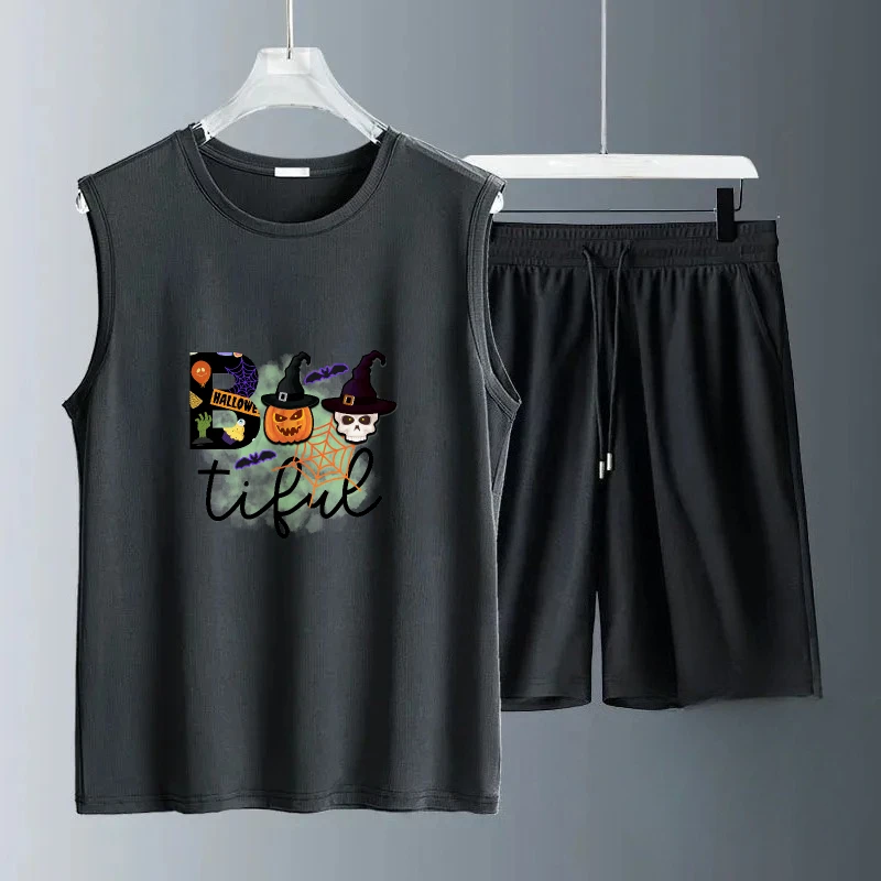 

2025 Men Sleeveless Polyester Fiber Daily Halloween print suits Fashion Sports T-shirt+Shorts suit Casual Wear Quick Dry Sets