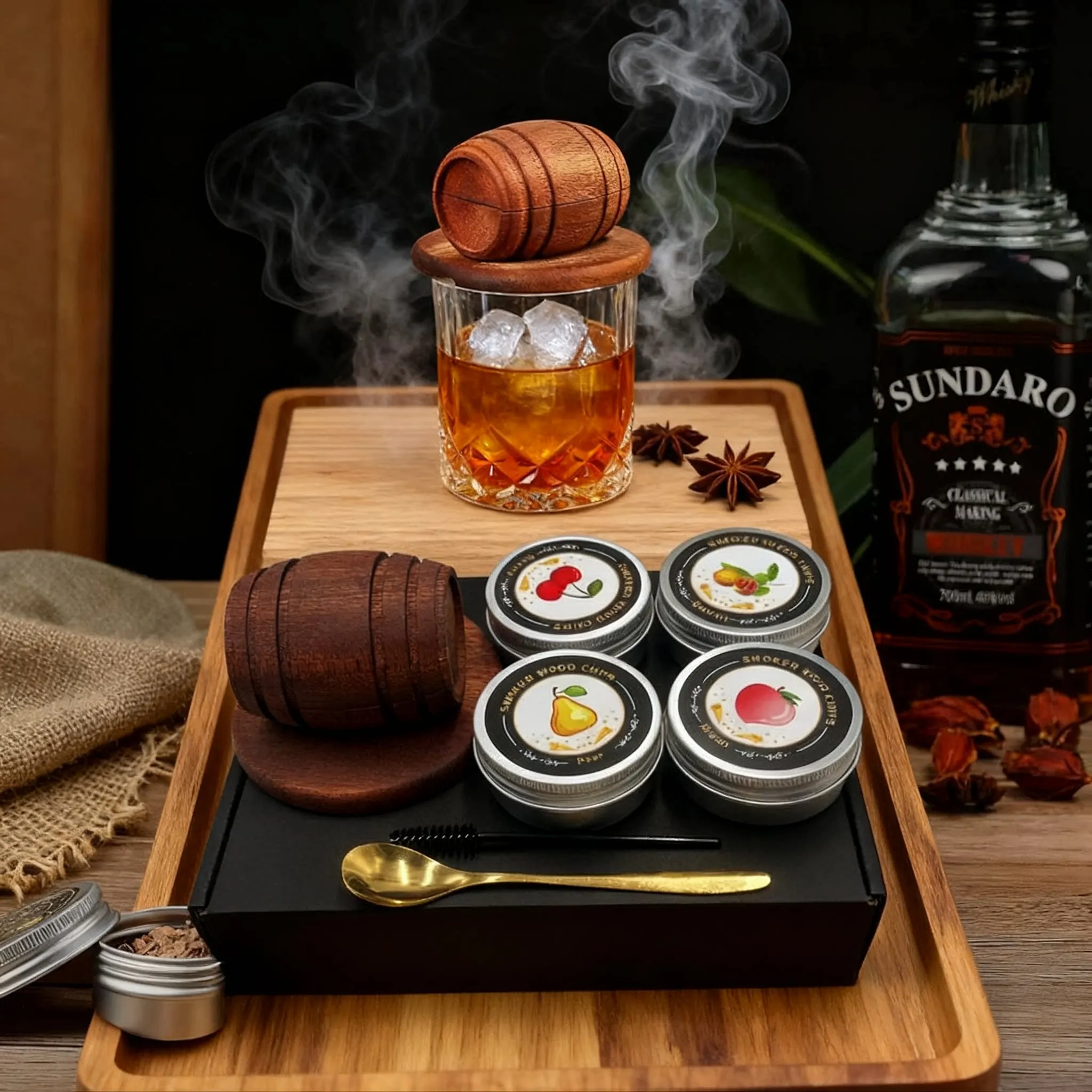 Cocktail Smoker Kit with 4 Wood Chips Flavors, Whiskey Smoker for Bourbon, Bartender Tools, Perfect Birthday Gift for Men