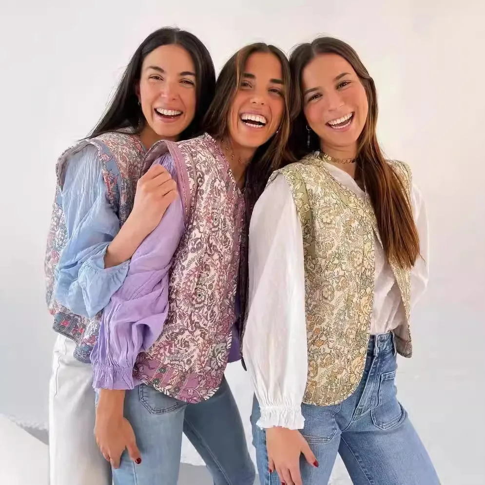 Chaleco de algodón estampado para mujer, chaqueta elegante de algodón acolchada corta con estampado de flores, cuello redondo Retro para ir al trabajo, novedad de 2024