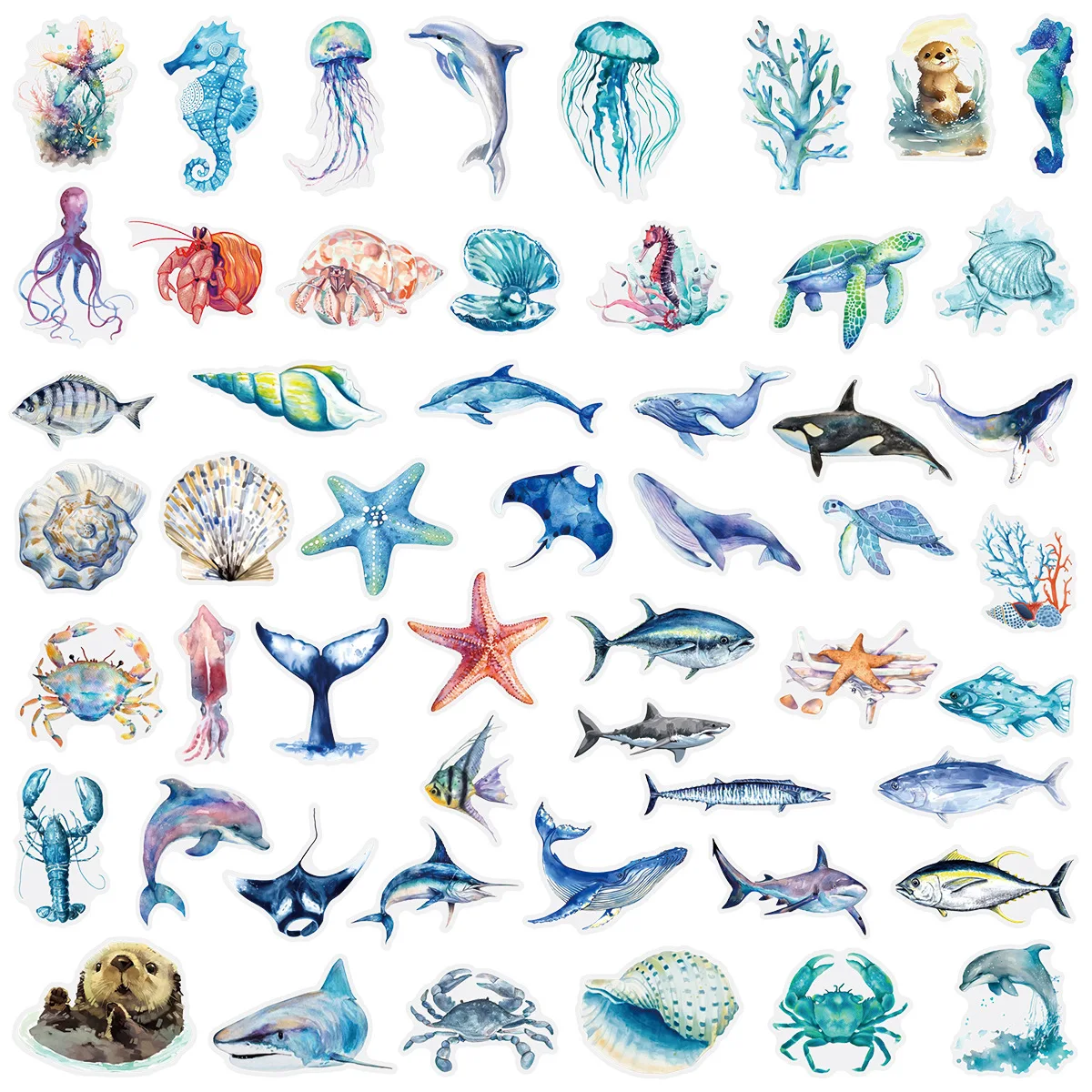 50 個透明 PET 海洋動物ステッカー電話スーツケースノートブック文具装飾、防水ステッカー