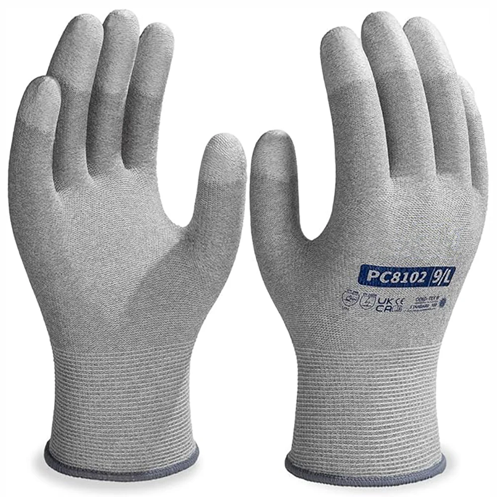 

Anti static Work Gloves Carbon Nylon PU Finger Top Dipped Nylon Lining ESD Safety Mittens