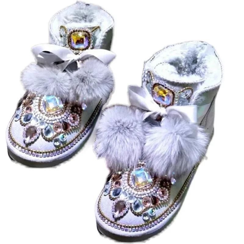 Folk Fox Fur Ball Lace -Up Gem Rhinestone Flower Flats Snow Boots Round Toe Grey Cow Suede Pompon Winter Warm Plush Boots