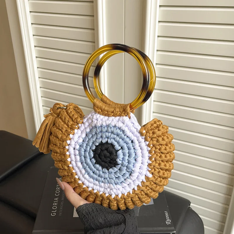 

Женская тканая круглая сумка с креативной кисточкой, модная сумка контрастного цвета, модный кошелек для наушников, повседневная универсальная вечерняя сумка