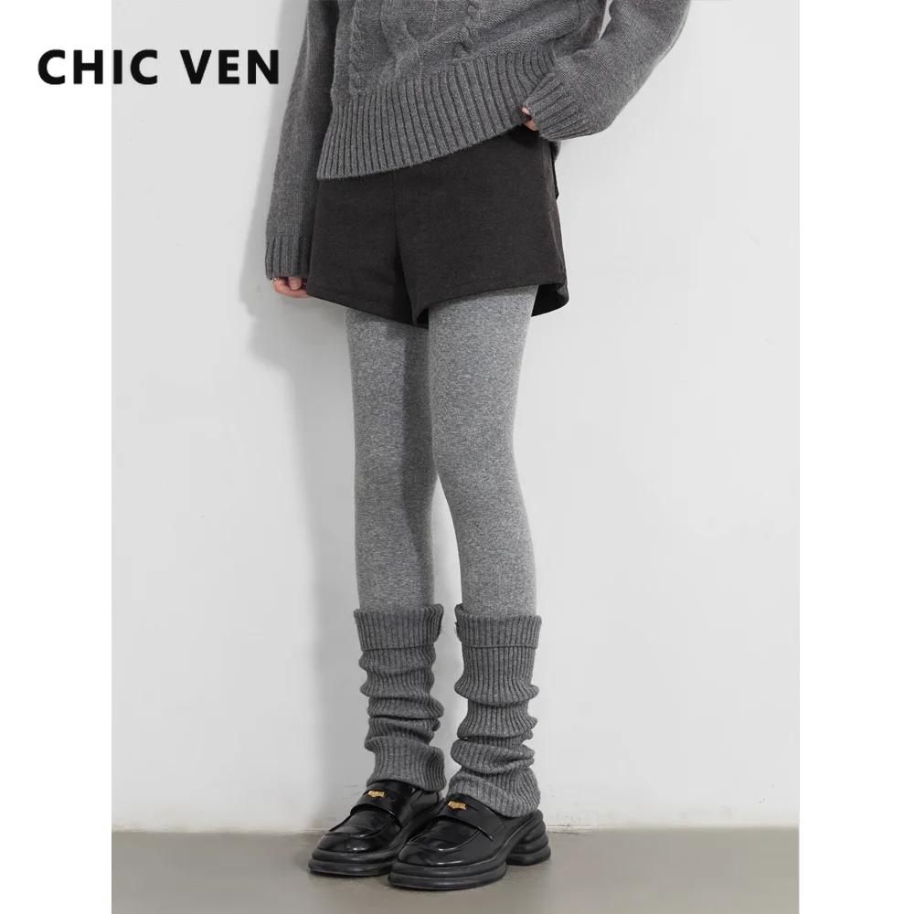 CHIC VEN Women Leggings Streerwear Solid Slim Warm Knitted Female Tights Elastic Velvet Fleece Pantyhose Girl Autumn Winter 2025