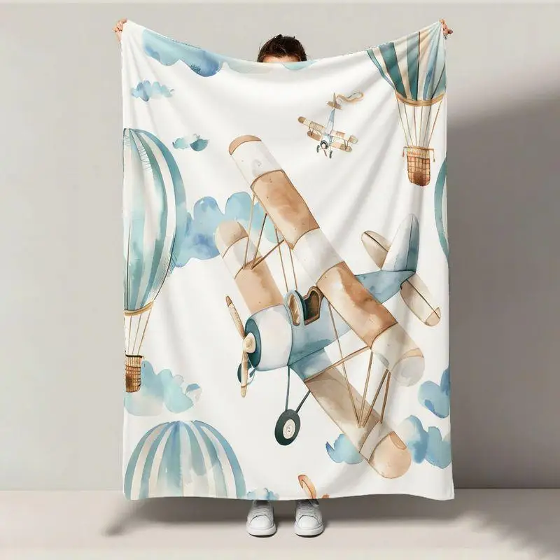 Extra Large Flannel Throw Blanket - Vintage Airplane design in Beige, Brown, Blue, White, Turquoise - Ultra-Soft Heavyweight