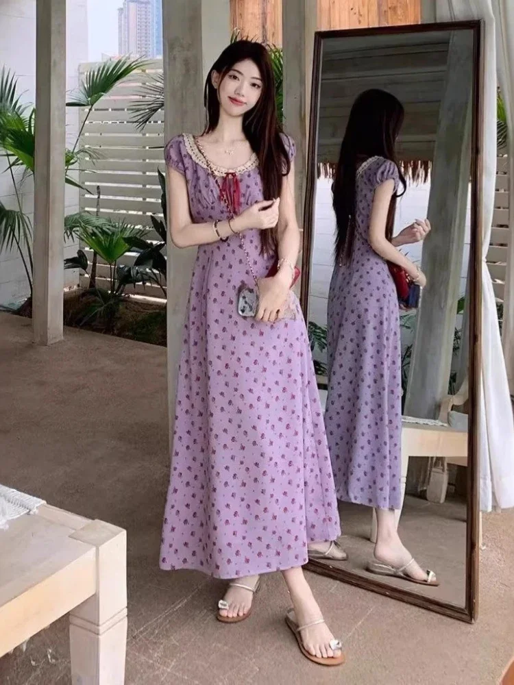 Robe Vintage en dentelle pour femmes, imprimé floral, Patchwork, taille haute, tempérament coréen, Maxi, 2025