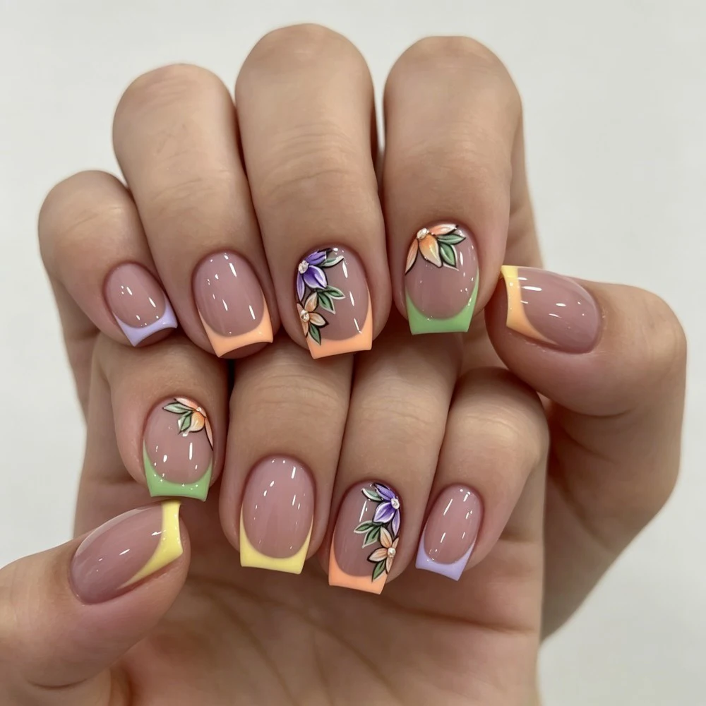 24Pcs Pink Floral French Tip Glossy&Elegant Full Cover Fake Nails for Women&Girls Spring,Daily Wear Short Almond Press-On Nails view 3