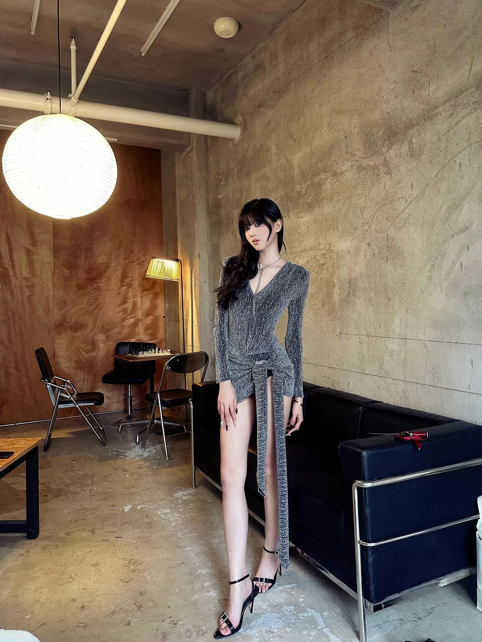 

Women Bandage Spring Long Sleeve Dress Lady Korea Fashion V Neck Belt Sexi Dresses Autumn Date Dinner Banquets Night Club Dress