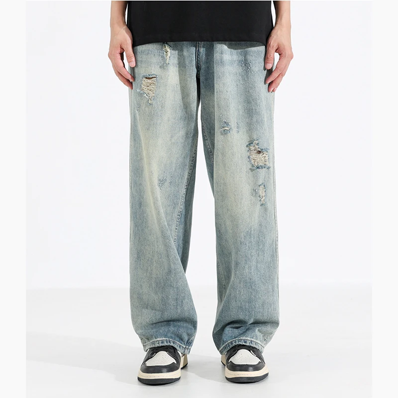 New American Style Ripped Loose Straight Leg Comfortable Men's Denim Pants Male Daily Casual High Street Vintage Blue Trousers