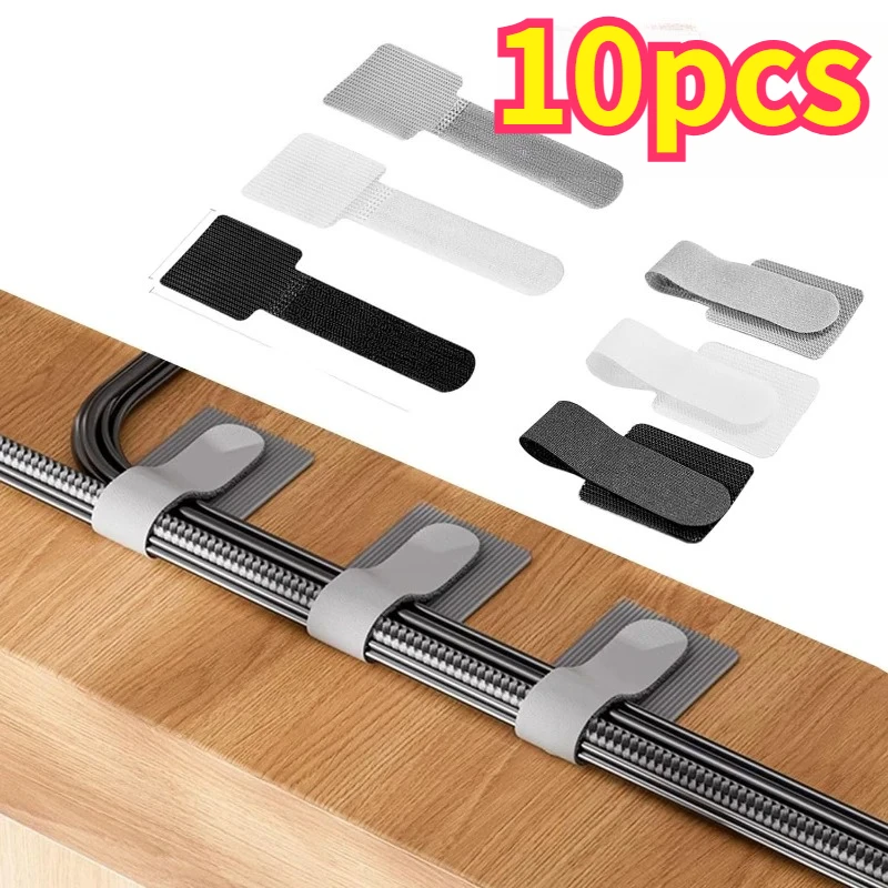 10pcs Self Adhesive Reusable Hook and Loop Cable Ties - Adjustable Cord Organizer Straps for Desk Home & Office Cable Management