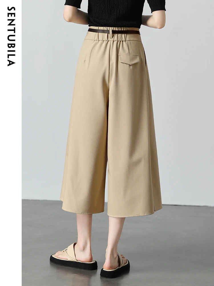 SENTUBILA Elegant Khaki Skirt Pants for Women 2024 Summer Fashion Casual Elastic Waist Loose Side Split Wide Leg Pleated Pant