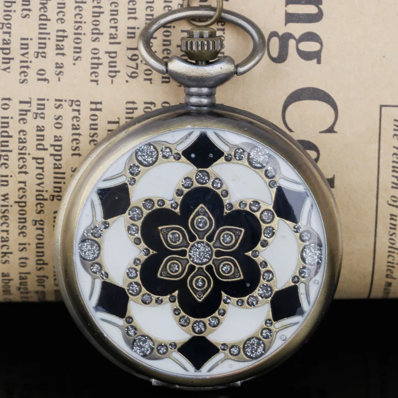 Vintage Bronze ทองแดงหยกดอกไม้คริสตัลควอตซ์ขนาดใหญ่นาฬิกาพ็อกเก็ตนาฬิกาผู้หญิงสร้อยคอจี้ของขวัญวันเกิดนาฬิกาประณีต