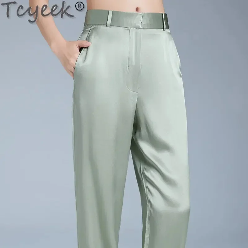 

2024 Tcyeek New Summer Mulberry Silk Harem Women High Waisted Loose Long Pants Ladies Nine-quarter Trousers Pantalon Zm