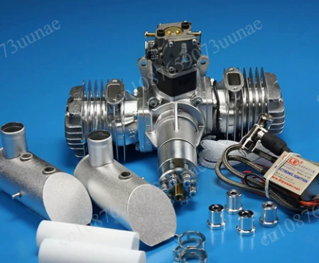 Model engine, two-cylinder two-stroke, side exhaust, natural air cooling, manual start, displacement 111 cubic centimeters